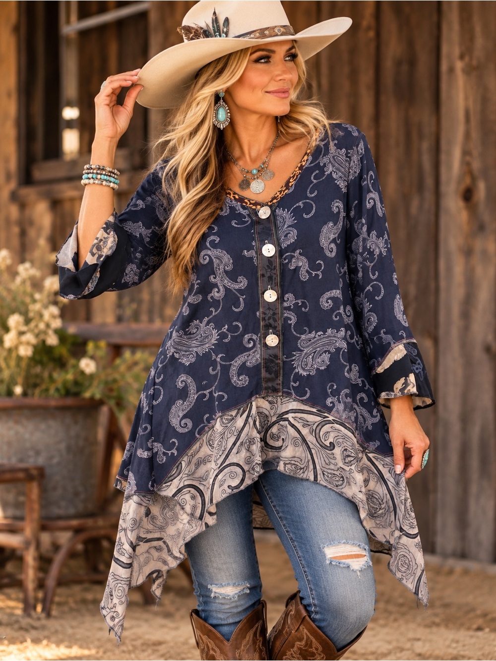 Boho Western Paisley Sharkbite Hem Tunic Top Navy Gray Bell Sleeve